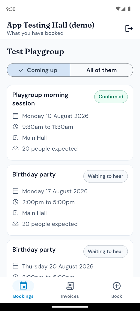 The hirer view, showing one hirer their own bookings and what they still owe.