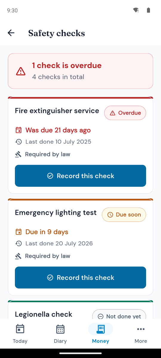 The safety checks screen, listing fire extinguisher servicing as overdue and emergency lighting as due soon.