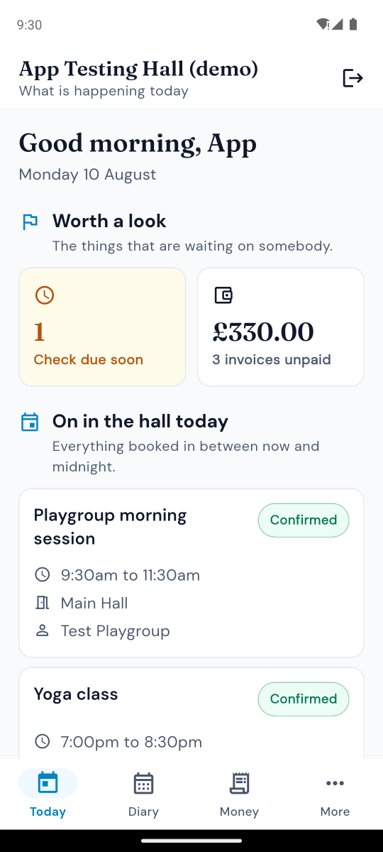 The Today screen, showing a check due soon, three unpaid invoices, and the playgroup and yoga class booked in for the day.